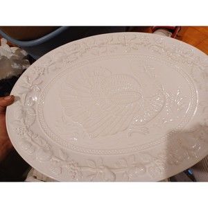 Turkey Serving Platter Large White Embossed Made in Portugal 19" x 14 1/2"